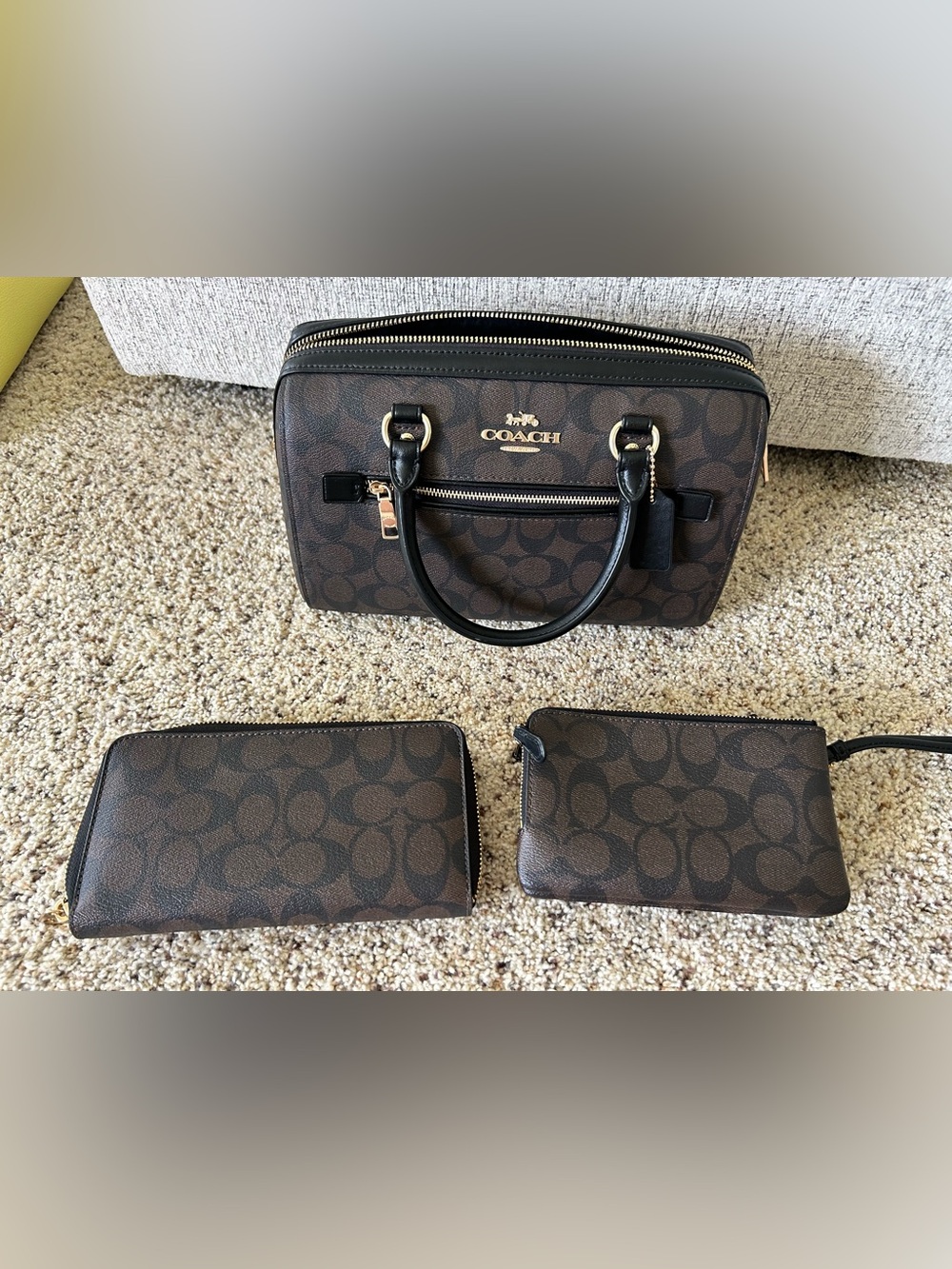 Inspired Canvas Satchel with Wallet & wristlet - Brown & Black - Picture 2 of 12